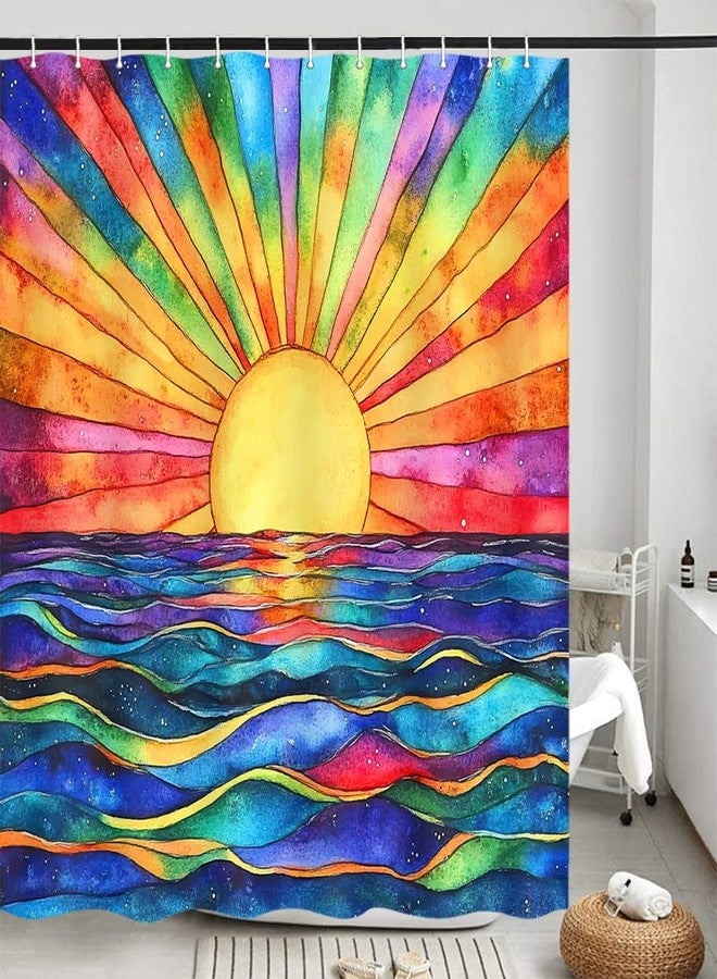 DeeCabin Boho Shower Curtains for Bathroom, Retro Abstract Colorful Sun Shower Curtain, Modern Geometric Sunshine Sunrise Sunset Ocean Sea Waves Bath curtain Art Home Decor Waterproof Fabric 12Hooks, 70X70 - Image 4