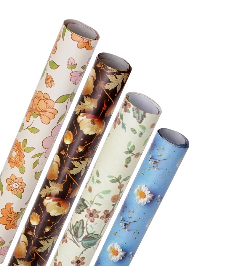 KOSY Gift Wrapping Paper Sheets - Pack of 100 Sheets (75 x 50 cm) | Premium Design Wrapping Paper For Gift Packing | Gift Paper Sheets Pack Of 100 (Flower Art, Black Gold, Green Belpatti & Blue White Flower) - Image 1