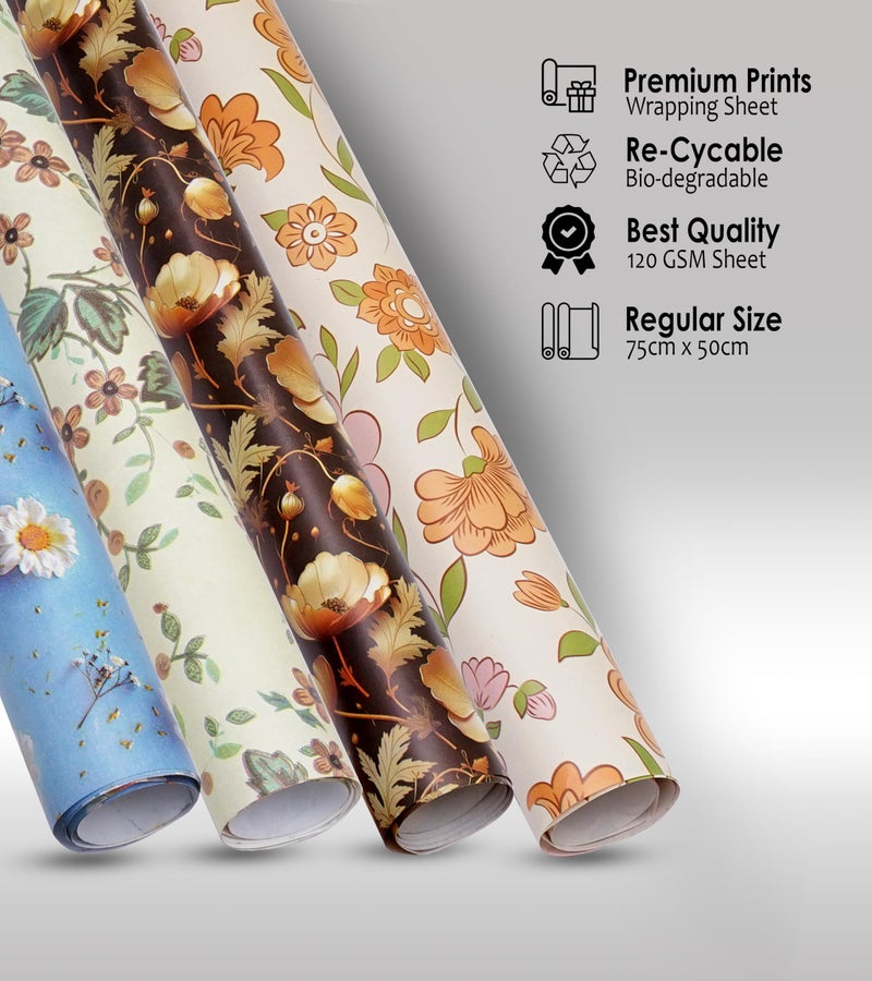 KOSY Gift Wrapping Paper Sheets - Pack of 100 Sheets (75 x 50 cm) | Premium Design Wrapping Paper For Gift Packing | Gift Paper Sheets Pack Of 100 (Flower Art, Black Gold, Green Belpatti & Blue White Flower) - Image 5