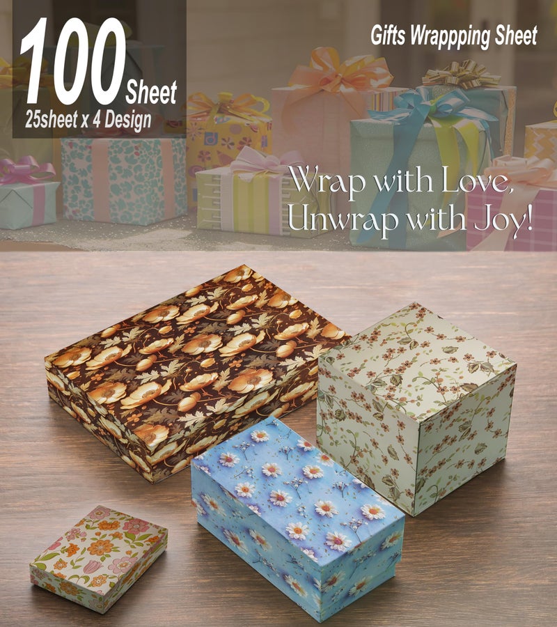 KOSY Gift Wrapping Paper Sheets - Pack of 100 Sheets (75 x 50 cm) | Premium Design Wrapping Paper For Gift Packing | Gift Paper Sheets Pack Of 100 (Flower Art, Black Gold, Green Belpatti & Blue White Flower) - Image 2