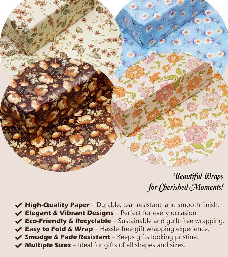 KOSY Gift Wrapping Paper Sheets - Pack of 100 Sheets (75 x 50 cm) | Premium Design Wrapping Paper For Gift Packing | Gift Paper Sheets Pack Of 100 (Flower Art, Black Gold, Green Belpatti & Blue White Flower) - Image 3