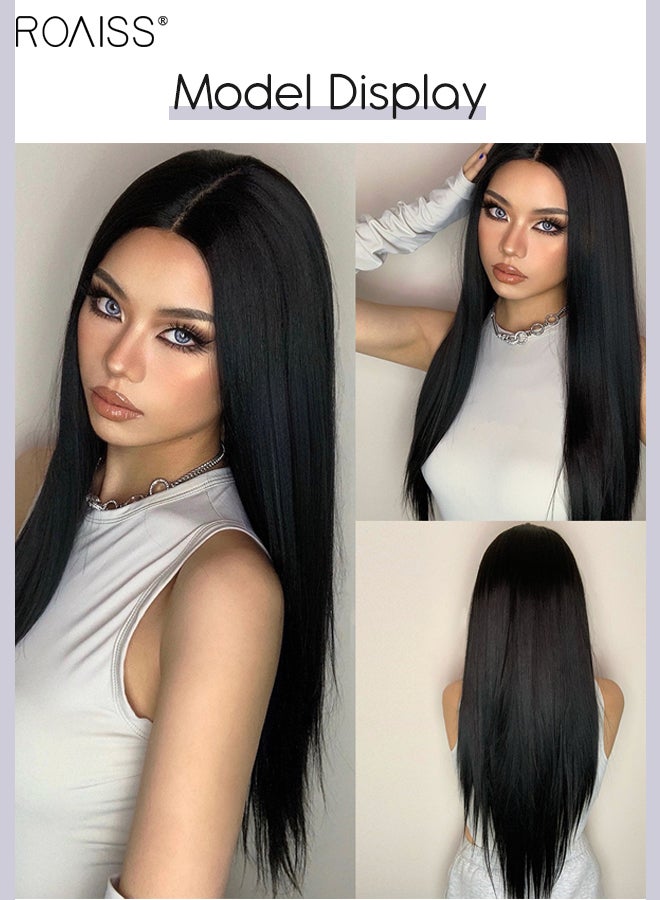 roaiss 13x4 Lace Front Long Straight Hair Wig, Women's Middle Parting Natural Soft Synthetic Heat Resistant Hair Wig for Wedding Cosplay Party Daily Wear, 61cm (24 inches) - Image 3