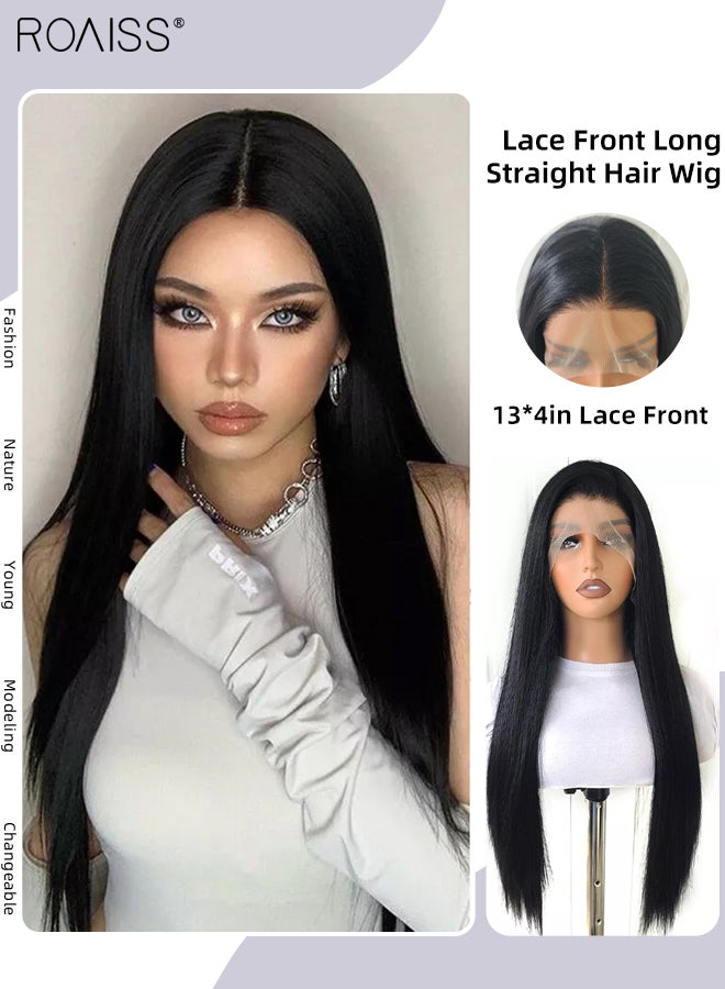 roaiss 13x4 Lace Front Long Straight Hair Wig, Women's Middle Parting Natural Soft Synthetic Heat Resistant Hair Wig for Wedding Cosplay Party Daily Wear, 61cm (24 inches) - Image 1
