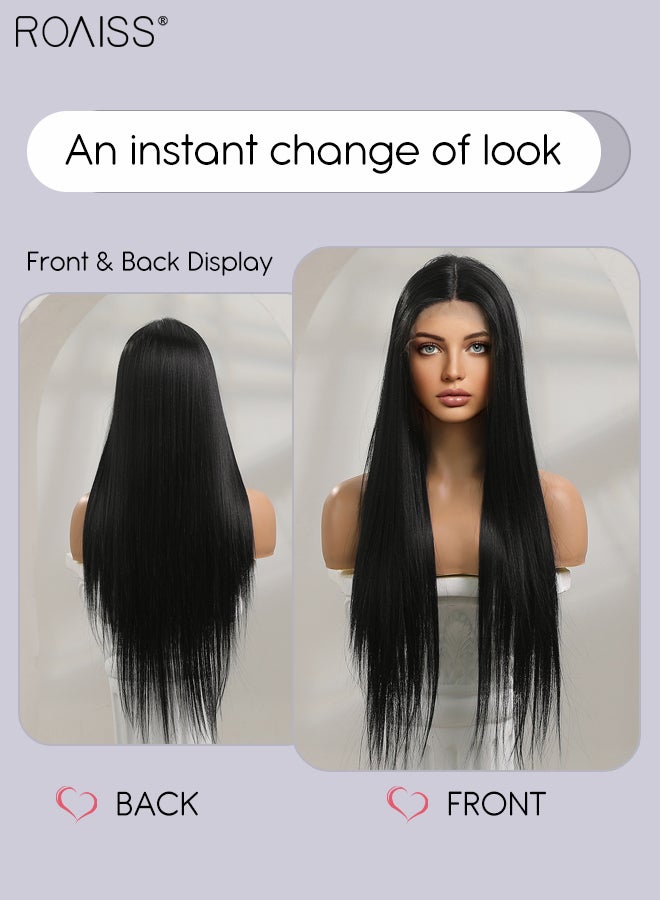 roaiss 13x4 Lace Front Long Straight Hair Wig, Women's Middle Parting Natural Soft Synthetic Heat Resistant Hair Wig for Wedding Cosplay Party Daily Wear, 61cm (24 inches) - Image 5