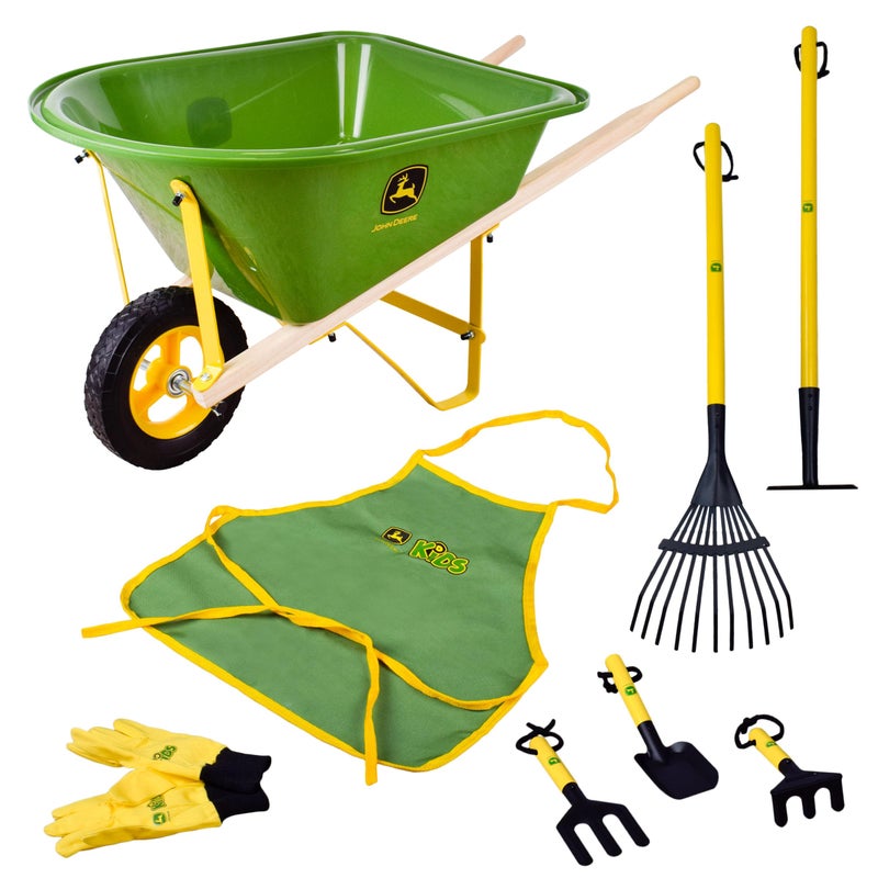 John Deere Deluxe 34" Wheelbarrow and Garden Set Includes 5 Realistic Gardening Tools,Gardening Apron, Gardening Gloves, Large Metal Wheelbarrow with Wooden Handles, Outdoor Toy Ages 5+ - Image 1