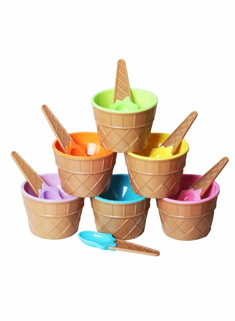 Ice Cream Dessert Bowls and Matching Spoons, Plastic, Assorted Cute Colours, Wafer Design,Set of 6 - Image 1