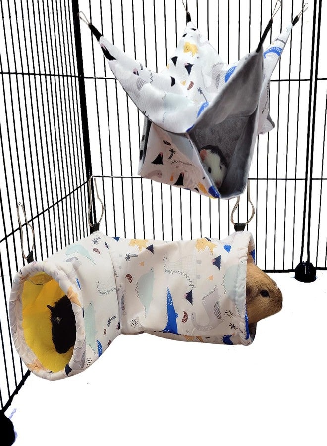 LEFTSTARER Large Caliber Guinea Pig & Rat Tunnel Hideout & Hammock, Corner Hideout Toy for Guinea Pig, Ferret, Hedgehog & Piggy to Hide and Shuttle (1. Hammock&Tunnel-Dinosaur) - Image 1