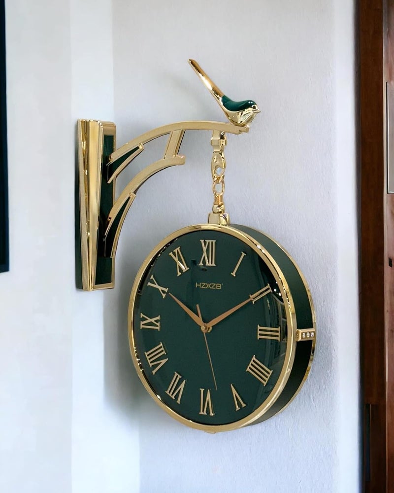 Sisliya Double Sided Wall Clock Wall-Mounted Retro Train Station Clock Classic Two Faces Wall Hanging Clock for Indoor Living Room Bedroom (W5-Green) - Image 1