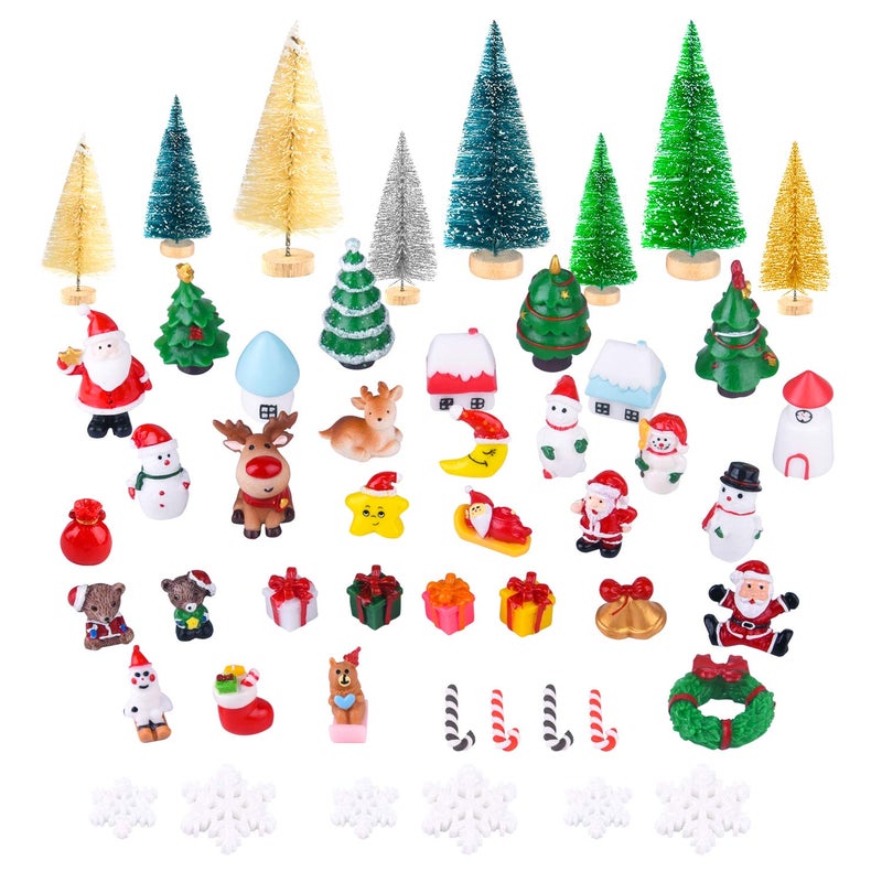 KUUQA 50 Pcs Mini Christmas Ornament KitsMini Christmas Trees Bottle Brush Trees with Resin Santa Claus Snowman Snowflake Bell Elk Candy Cane for Christmas Party Supplies