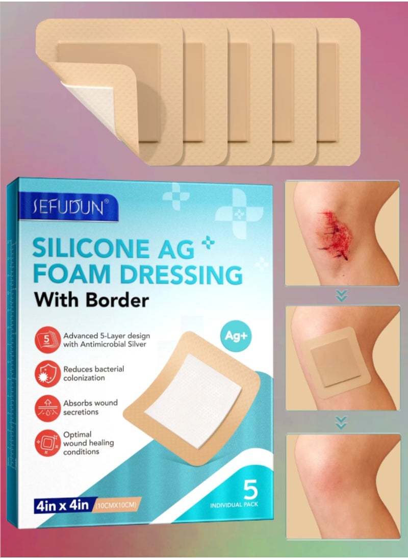 Sefudun 5Pcs Silicone AG Foam Dressing with Border Silicone Adhesive Foam Wound 5 Layer Bed Sore Bandage Foam Wound Dressing Silicone Bordered Sacral Pad with Adhesive Border 10x10 Silicone Foam Dressing Bandage  - Image 1