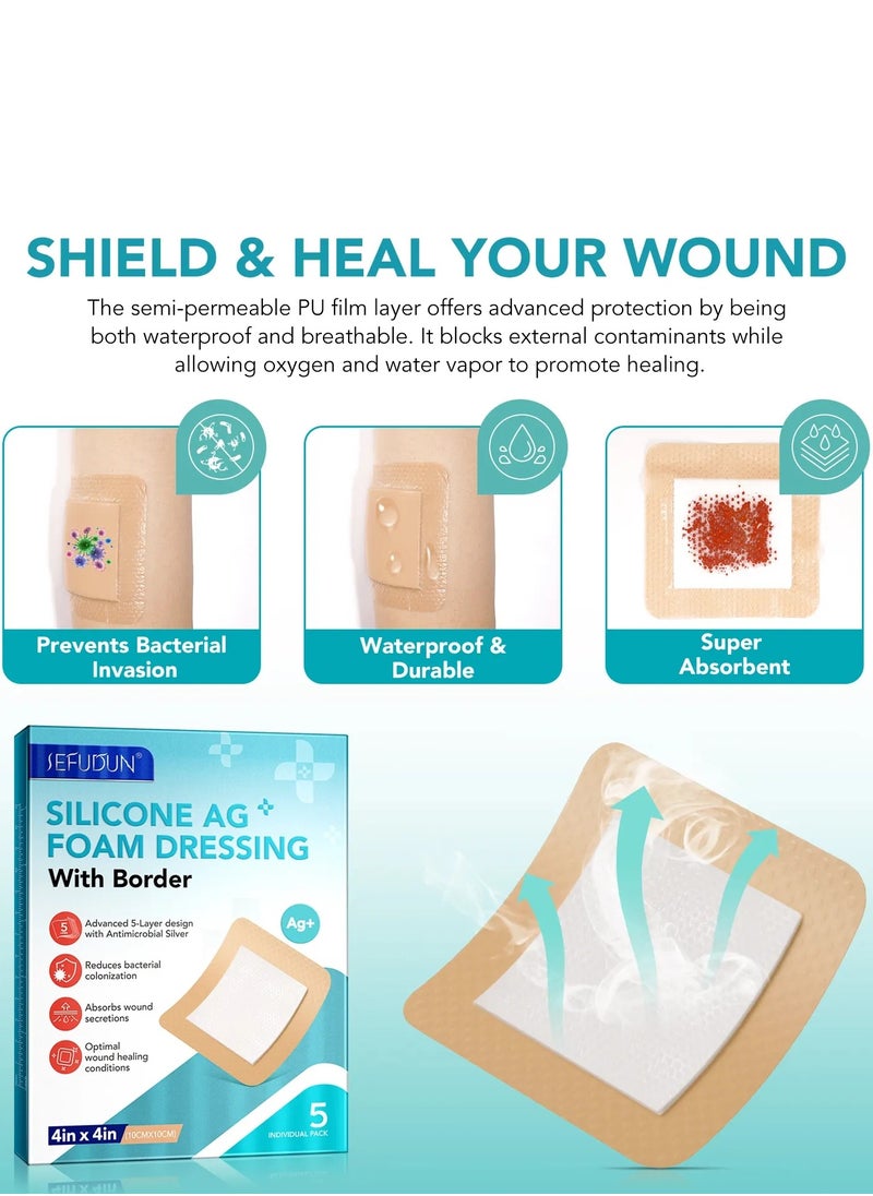 Sefudun 5Pcs Silicone AG Foam Dressing with Border Silicone Adhesive Foam Wound 5 Layer Bed Sore Bandage Foam Wound Dressing Silicone Bordered Sacral Pad with Adhesive Border 10x10 Silicone Foam Dressing Bandage  - Image 3