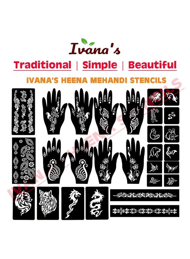 إيفاناز مجموعة إيفانا المكونة من 34 قطعة من قوالب الحناء القابلة لإعادة الاستخدام لليدين والمعصم والجسم والظهر والرقبة والوجه، مجموعة قوالب للنساء والفتيات والأطفال، سهلة الاستخدام في 4 خطوات فقط، مجموعة التصميم الهندي، A2091 - Image 5