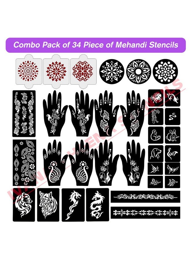 إيفاناز مجموعة إيفانا المكونة من 34 قطعة من قوالب الحناء القابلة لإعادة الاستخدام لليدين والمعصم والجسم والظهر والرقبة والوجه، مجموعة قوالب للنساء والفتيات والأطفال، سهلة الاستخدام في 4 خطوات فقط، مجموعة التصميم الهندي، A2091 - Image 2