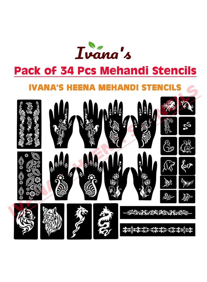 إيفاناز مجموعة إيفانا المكونة من 34 قطعة من قوالب الحناء القابلة لإعادة الاستخدام لليدين والمعصم والجسم والظهر والرقبة والوجه، مجموعة قوالب للنساء والفتيات والأطفال، سهلة الاستخدام في 4 خطوات فقط، مجموعة التصميم الهندي، A2091 - Image 3