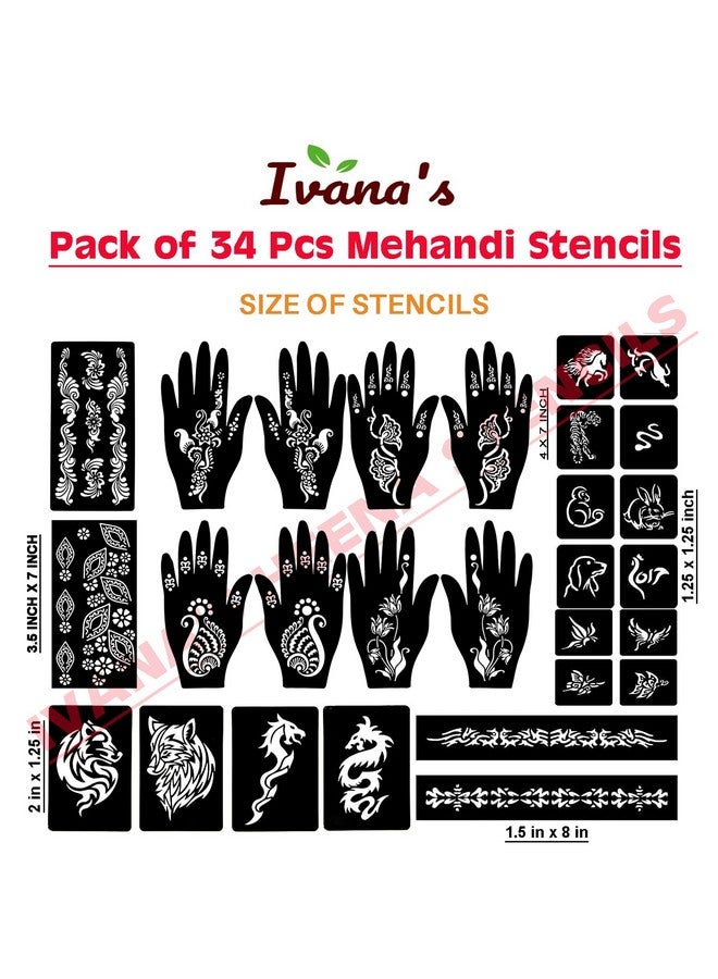 إيفاناز مجموعة إيفانا المكونة من 34 قطعة من قوالب الحناء القابلة لإعادة الاستخدام لليدين والمعصم والجسم والظهر والرقبة والوجه، مجموعة قوالب للنساء والفتيات والأطفال، سهلة الاستخدام في 4 خطوات فقط، مجموعة التصميم الهندي، A2091 - Image 4