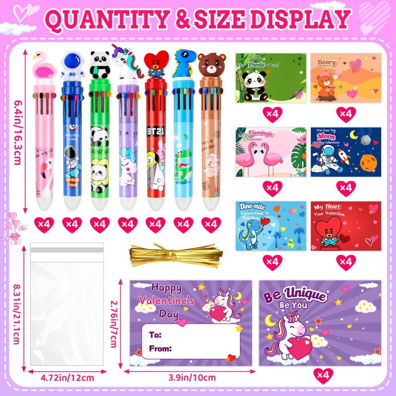 Zenoble 28 Pack Valentines Day Gifts for Kids Classroom Valentine Multicolor Ballpoint Pens with Valentines Cards for Kids School Exchanges 10-in-1 Multicolor Pen Rewards Party Favors for Boys Girls - Image 2