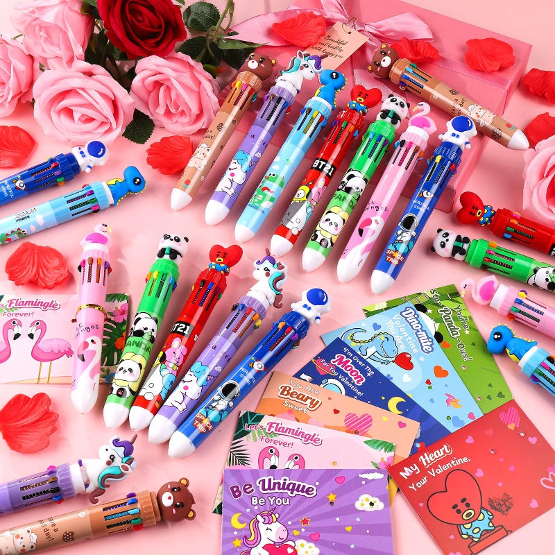 Zenoble 28 Pack Valentines Day Gifts for Kids Classroom Valentine Multicolor Ballpoint Pens with Valentines Cards for Kids School Exchanges 10-in-1 Multicolor Pen Rewards Party Favors for Boys Girls - Image 4