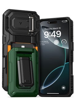 VRS Design D-Wallet Origin iPhone 16 PRO Case Cover Wallet with Semi Automatic Credit Card Holder Slot [3 Cards] & Camera Lens Protector Kickstand - Metallic Green  - Image 1