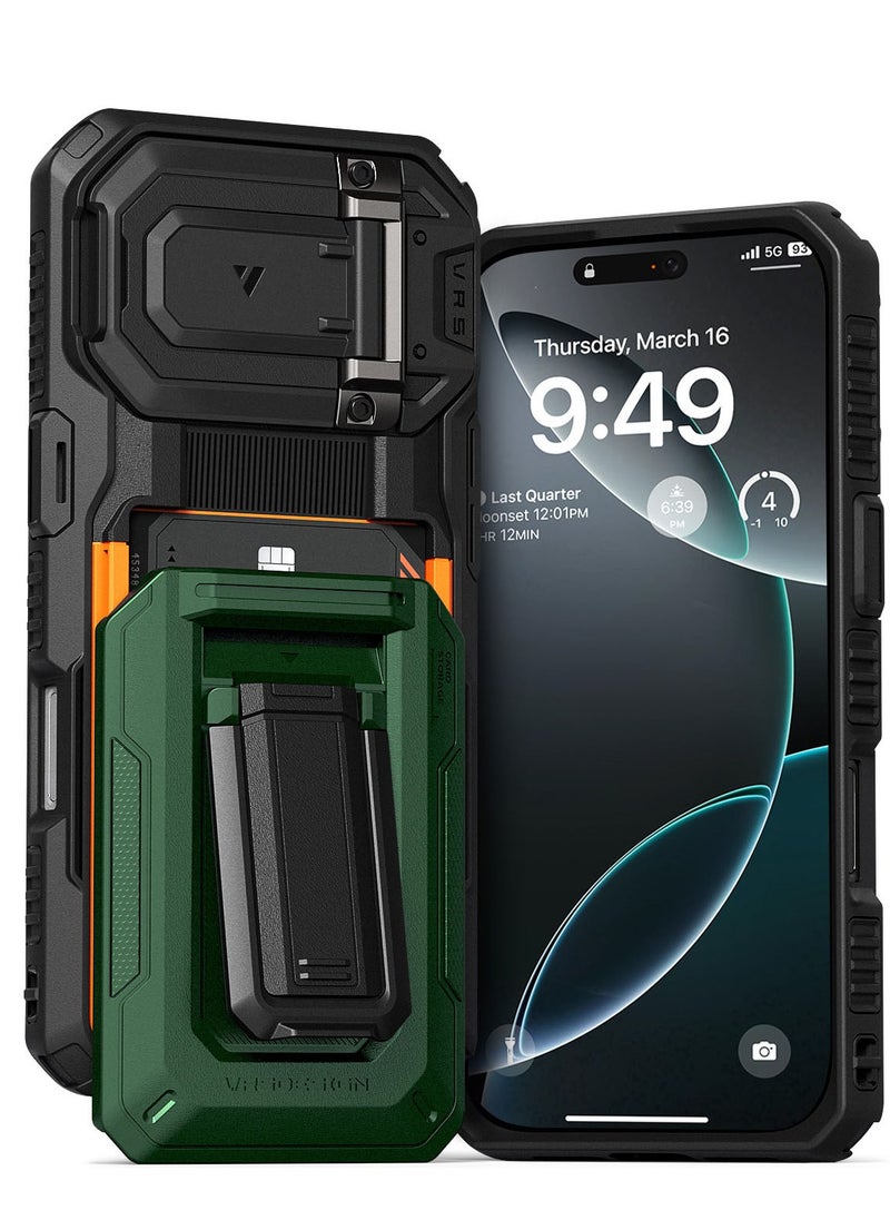 VRS Design D-Wallet Origin iPhone 16 PRO Case Cover Wallet with Semi Automatic Credit Card Holder Slot [3 Cards] & Camera Lens Protector Kickstand - Metallic Green  - Image 1