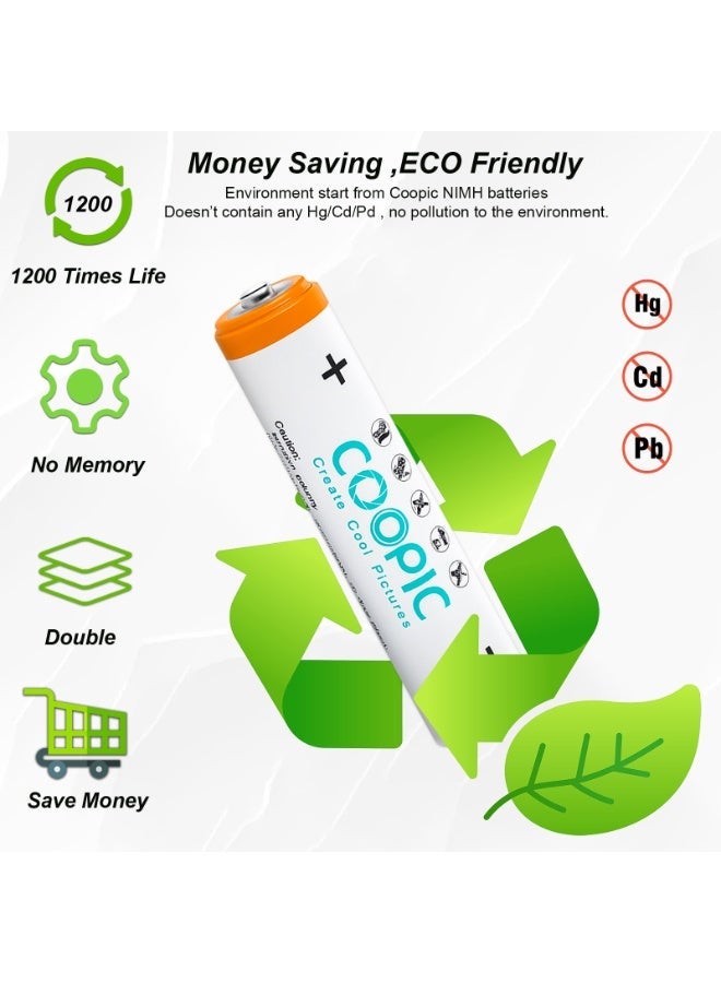 Coopic بطاريات قابلة لإعادة الشحن AAA من COOPIC لإنشاء صور رائعة، سعة عالية 1200mAh 1.2V HR03 NiMH (4 قطع) - Image 3