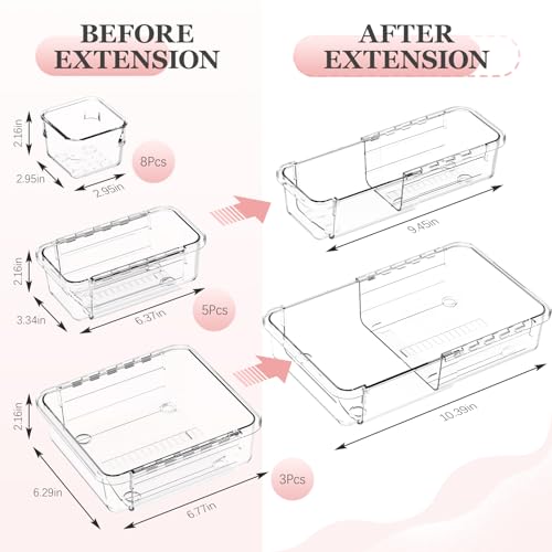 DILIBRA 16 Pcs Clear Extendable Drawer Organizer, Adjustable Drawer Storage 3-Size Desk Drawer Organizer, Plastic Non-Slip Storage Bins for Makeup, Cosmetic, Jewelries, Utensils, Stationery, Dressers - Image 2