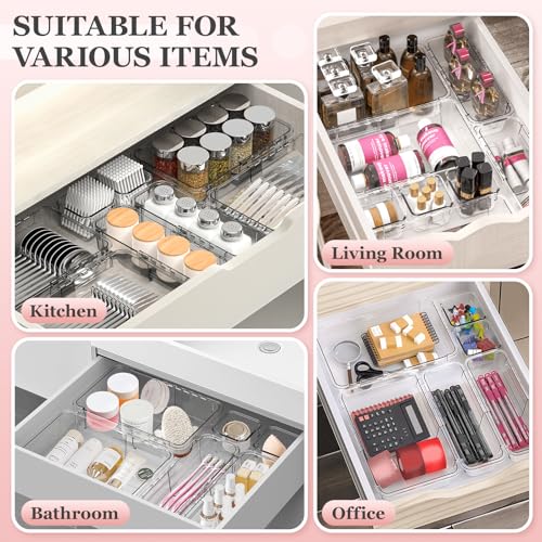 DILIBRA 16 Pcs Clear Extendable Drawer Organizer, Adjustable Drawer Storage 3-Size Desk Drawer Organizer, Plastic Non-Slip Storage Bins for Makeup, Cosmetic, Jewelries, Utensils, Stationery, Dressers - Image 4