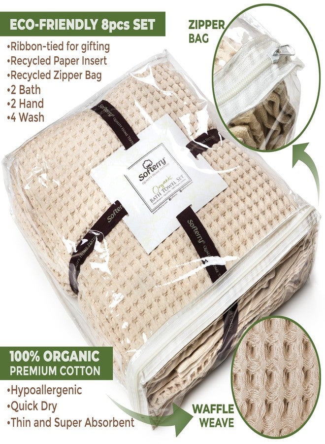 Softerry European Waffle Weave Bath Towel Set of 8-100% Organic Cotton - Quick Dry Lint Free Thin and Absorbent - Fade Resistant - Eco-Friendly (Natural) - Image 2