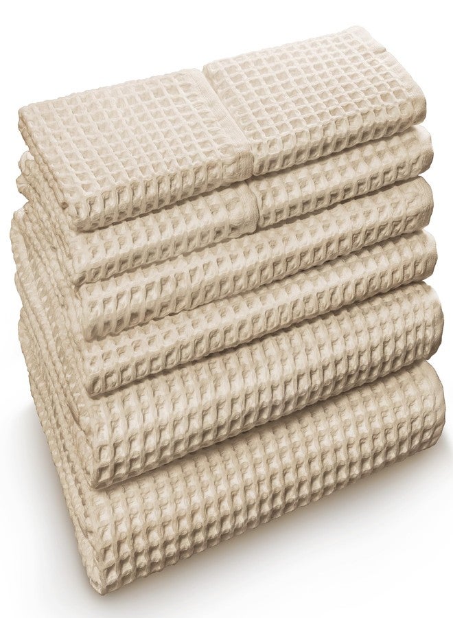 Softerry European Waffle Weave Bath Towel Set of 8-100% Organic Cotton - Quick Dry Lint Free Thin and Absorbent - Fade Resistant - Eco-Friendly (Natural) - Image 1