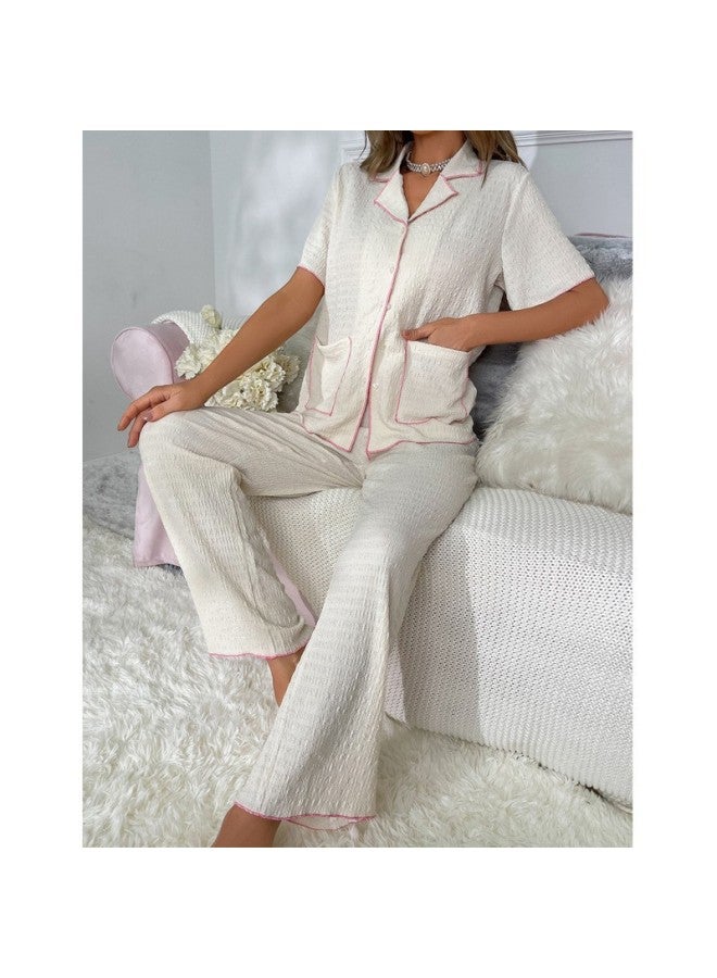 Double Pocket Lapel Cardigan Pajama Set – High-End, Loose Comfortable