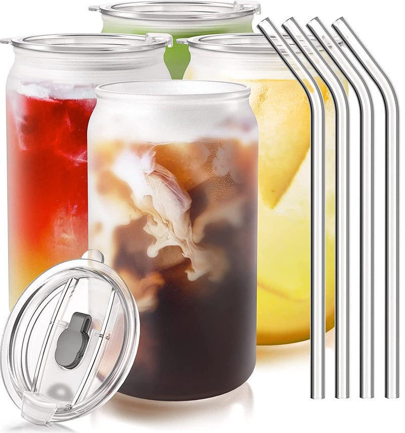 RIOMTRIC Can Shaped Glass Drinking Glasses with Lids and Glass Straw 1pcs Cups Beer Glasses Iced Coffee Glasses Cute Tumbler Cup CAN LID 1 - Image 1