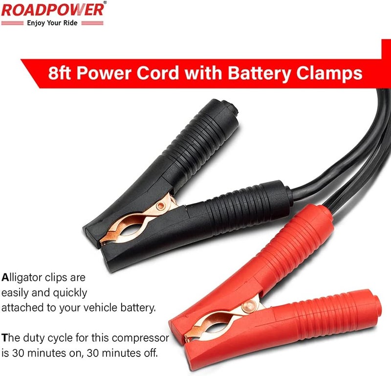رود باور ضاغط هواء للسيارات من نوع ROADPOWER ذو أسطوانتين، متطور للغاية، مناسب للسيارات ذات الدفع الرباعي (4x4)، يتميز بتدفق هواء سريع للغاية (300 لتر في الدقيقة) وضغط يصل إلى 150 رطل لكل بوصة مربعة (150 PSI)، يعمل بجهد كهربائي 12 فولت، ومزود بحقيبة للنقل. اللون: أحمر. - Image 4