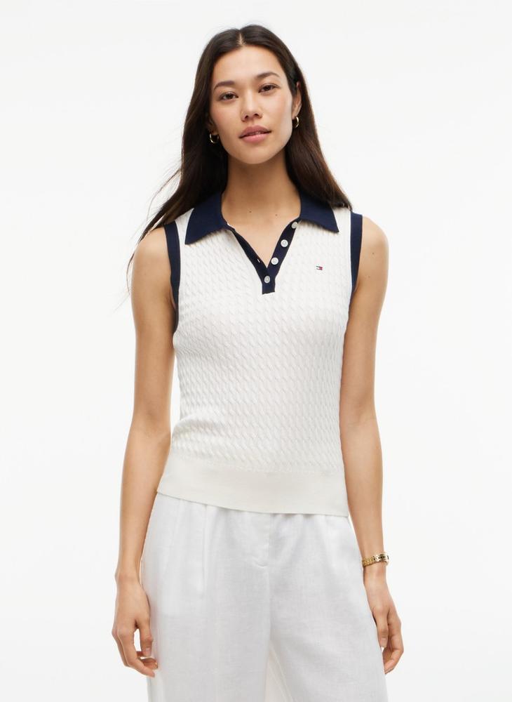 TOMMY HILFIGER Cable Knit Slim Sleeveless Polo Jumper - Image 1