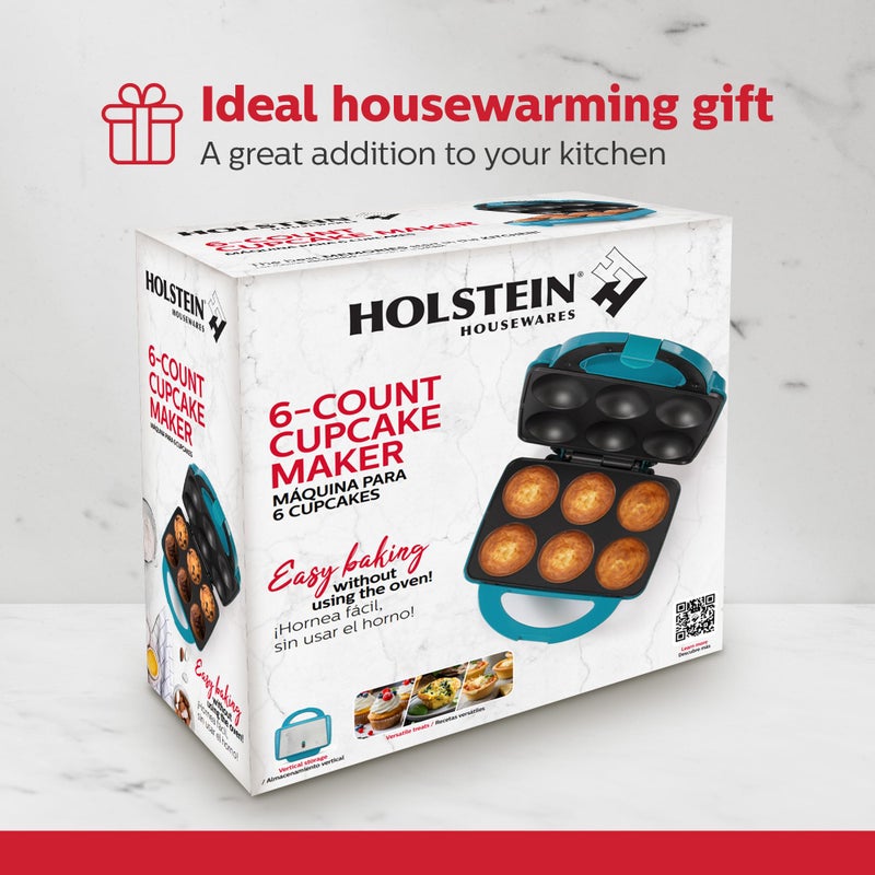 Holstein Housewares آلة صنع الكعك الكهربائية غير لاصقة من هولشتاين هاوسويرز - تصنع 6 كعكات، مافن، أكواب بيتزا، لفائف القرفة - مثالية للهدايا، أعياد الميلاد، العطلات، أو مبيعات الخبز، لون تركوازي - Image 5