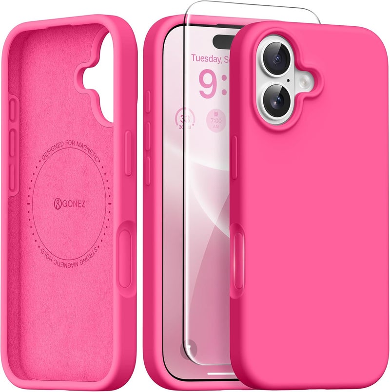 GONEZ Magnetic for iPhone 16 Case, Compatible with MagSafe, [Screen Protector + Camera Lens Protector], Liquid Silicone Shockproof Protective Phone Case for iPhone 16 6.1", Hot Pink - Image 1