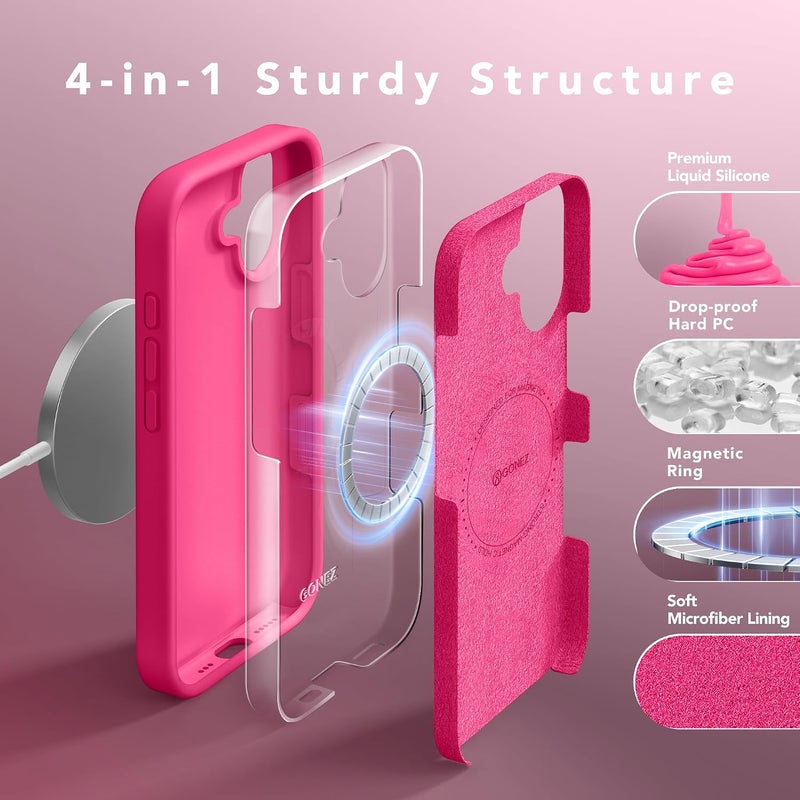 GONEZ Magnetic for iPhone 16 Case, Compatible with MagSafe, [Screen Protector + Camera Lens Protector], Liquid Silicone Shockproof Protective Phone Case for iPhone 16 6.1", Hot Pink - Image 5