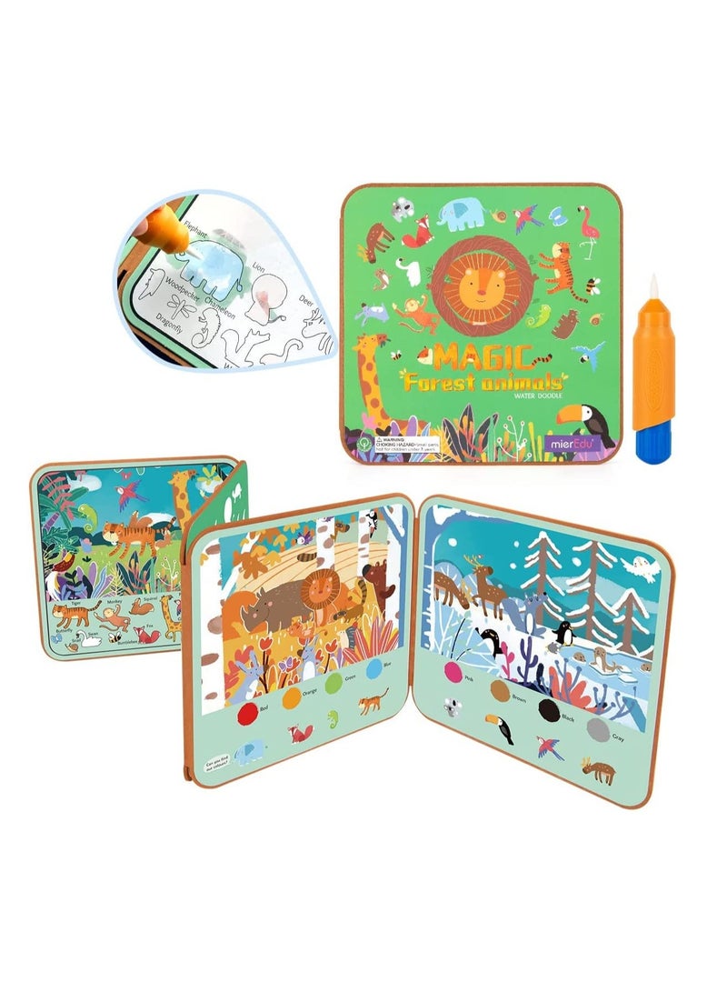 KASTWAVE كتب رسم بالماء، كتاب نشاط رسم يدوي قابل لإعادة الاستخدام، لوحة رسم بدون فوضى، كتب تلوين بقلم الماء للأطفال (حيوانات الغابة) - Image 1