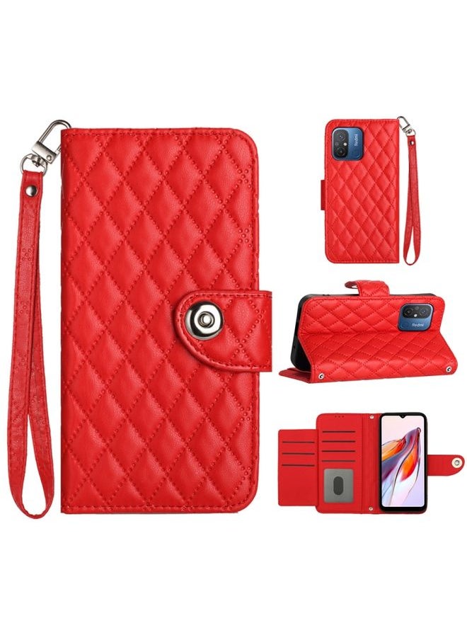 HuHa Case Cover For Xiaomi Redmi 12C / 11A / Poco C55 Rhombic Texture Flip Leather Phone Case with Lanyard Red 
