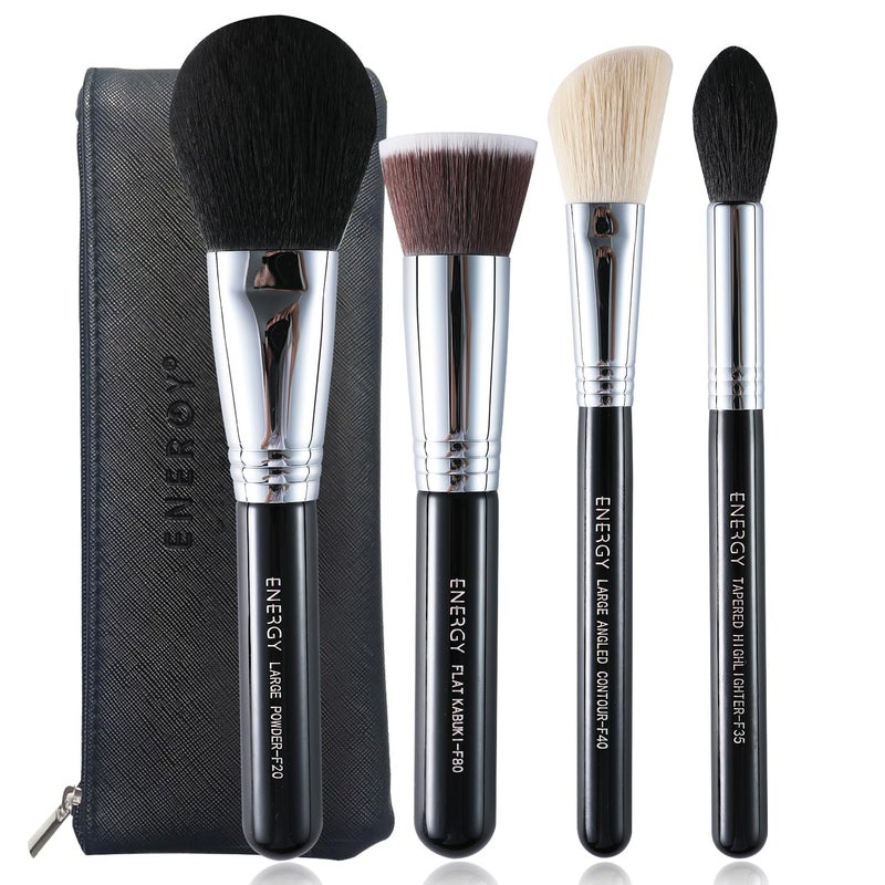 ENERGY Makeup Brush Set 4PCS Premium Synthetic Powder Foundation Blush Contour Bronzer Highlighter Makeup Brushes with Black PU Bag Professional Vegan Face Brushes