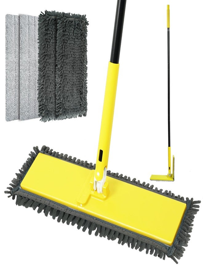 NEWE Dust Mop with Unique 90° Foldable Panel, 52 inches Long Handle Wet Dry Flat Floor Duster Broom with 2 Microfiber and 2 Chenille Pads for Hardwood, Stairs, Vinyl, Tile, Laminate (Yellow) - Image 1