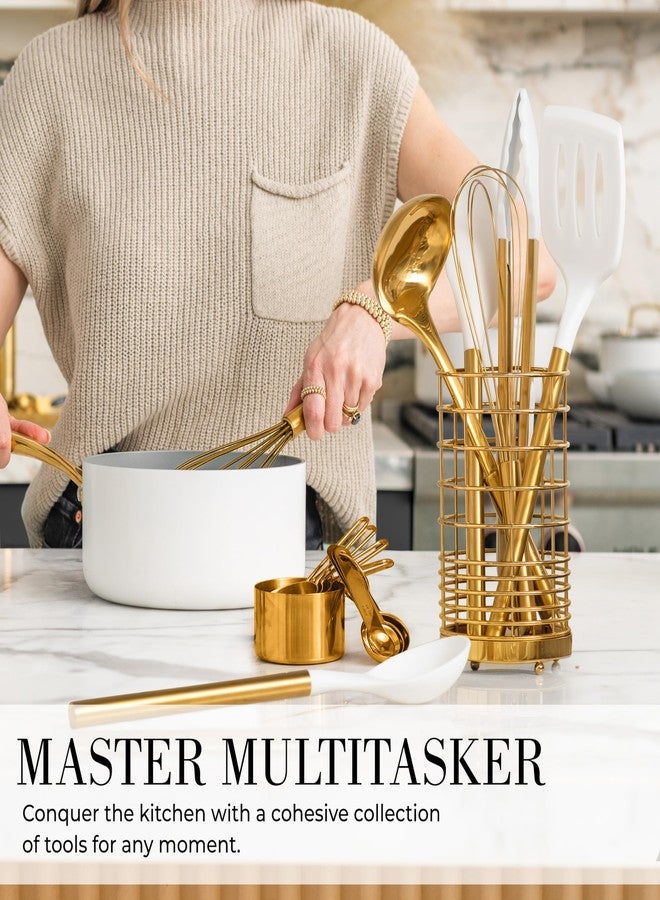 Styled Settings White and Gold Cooking Utensils Set with Holder - 15-Piece Silicone Cooking Tools with Utensil Holder, Measuring Cups, and Spoons - Elegant White and Gold Kitchen Accessories - Image 3