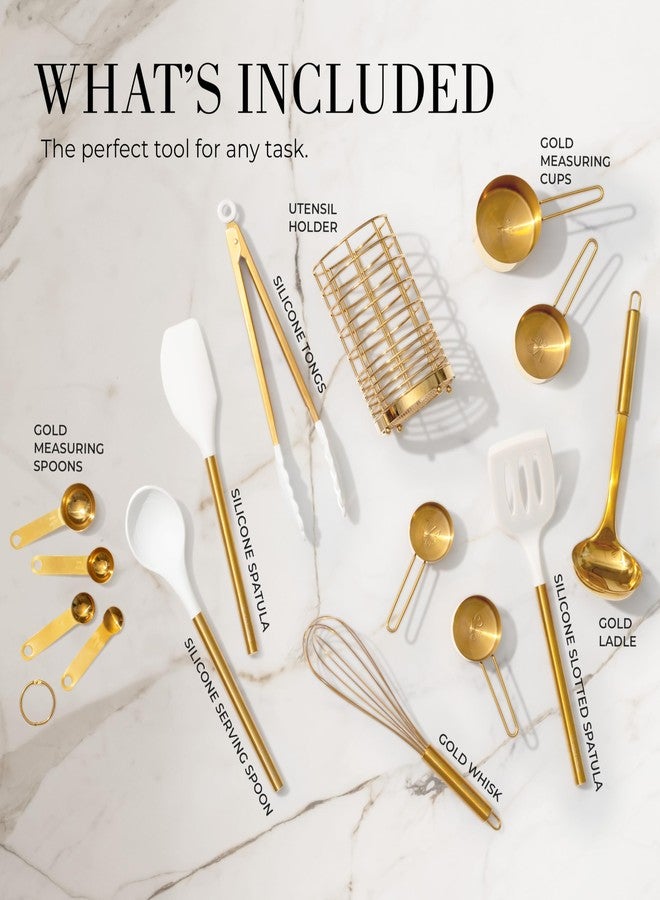 Styled Settings White and Gold Cooking Utensils Set with Holder - 15-Piece Silicone Cooking Tools with Utensil Holder, Measuring Cups, and Spoons - Elegant White and Gold Kitchen Accessories - Image 2