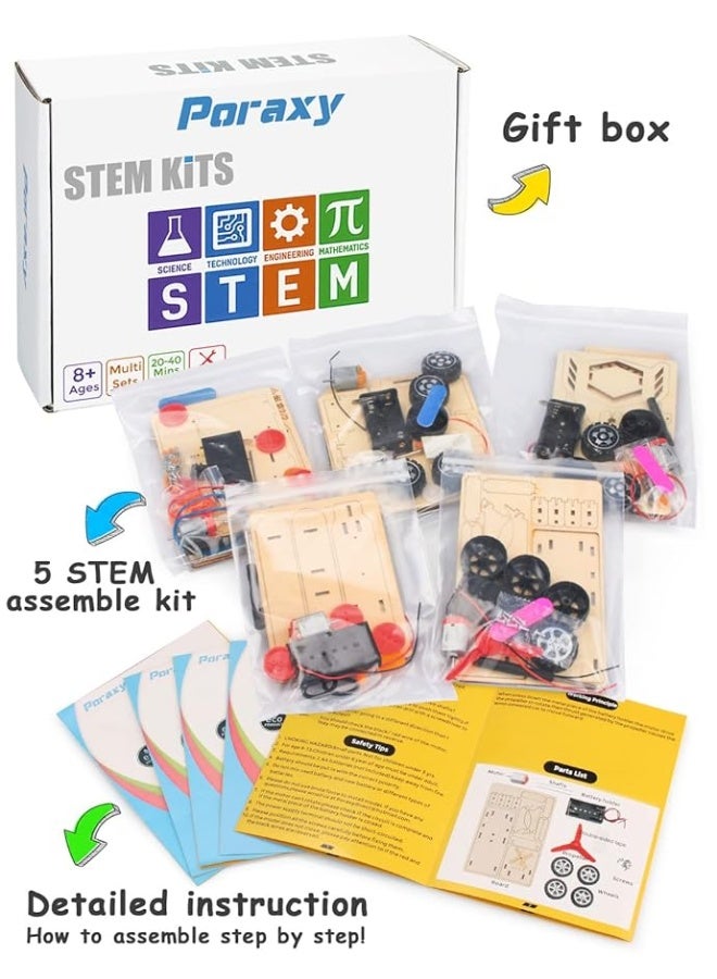 Poraxy 5 in 1 STEM Kits for Kids Ages 8-10, Science Building Projects Crafts for Boys 8-12, Wooden Model Car Kits, Toys for Ages 8-13, 3D Puzzles, Gifts for 7 8 9 10 11 12 13 Year Old Boys and Girls - Image 1