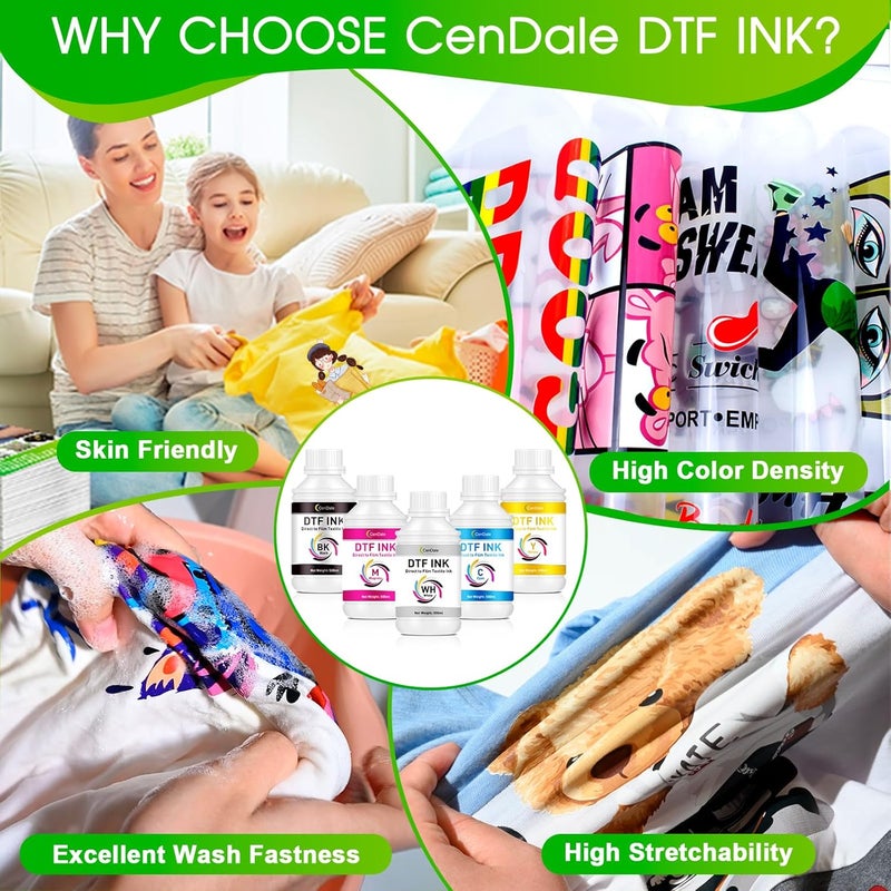 CenDale Premium DTF Ink 3000ML - DTF Transfer Ink for PET Film, Refill DTF Ink for Epson ET-8550, L1800, L800, XP15000, R2400, P400, P800, Heat Transfer Printing Ink Direct to Film (500ml x 6, CMYK W - Image 5