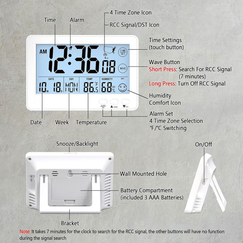Timloon Small Desk Atomic Alarm Clock for Bedroom, Self-Calibrating Time and Date Clock with 4 Time Zone, DST, Temperature, Humidity, Alarm and Snooze for Children's Bedroom, School - Image 5