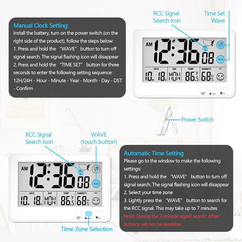 Timloon Small Desk Atomic Alarm Clock for Bedroom, Self-Calibrating Time and Date Clock with 4 Time Zone, DST, Temperature, Humidity, Alarm and Snooze for Children's Bedroom, School - Image 4