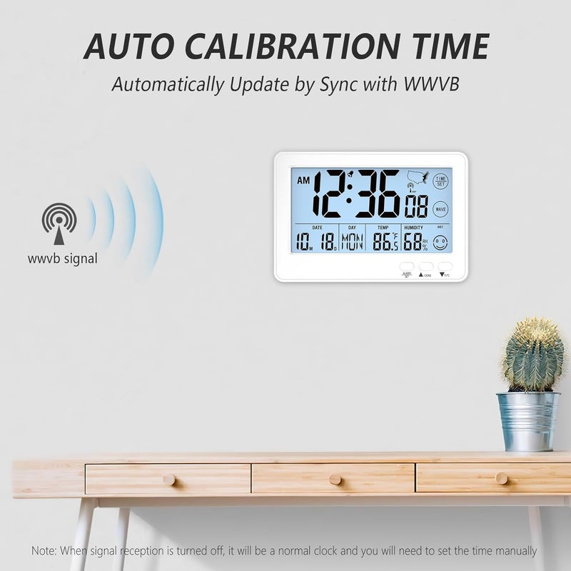 Timloon Small Desk Atomic Alarm Clock for Bedroom, Self-Calibrating Time and Date Clock with 4 Time Zone, DST, Temperature, Humidity, Alarm and Snooze for Children's Bedroom, School - Image 3