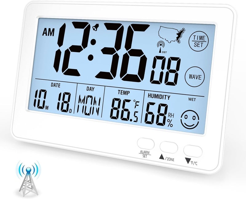 Timloon Small Desk Atomic Alarm Clock for Bedroom, Self-Calibrating Time and Date Clock with 4 Time Zone, DST, Temperature, Humidity, Alarm and Snooze for Children's Bedroom, School - Image 1