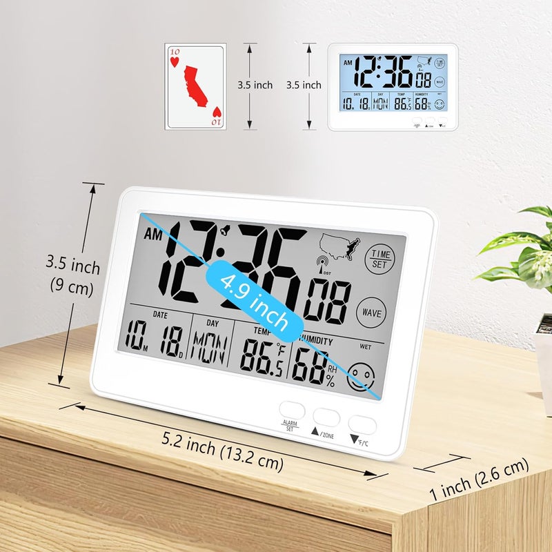 Timloon Small Desk Atomic Alarm Clock for Bedroom, Self-Calibrating Time and Date Clock with 4 Time Zone, DST, Temperature, Humidity, Alarm and Snooze for Children's Bedroom, School - Image 2