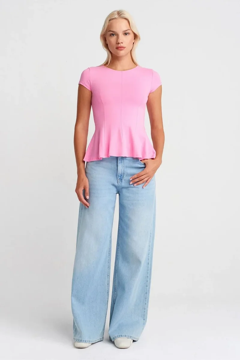 Dilvin Bright Pink DILVIN Fitted Crew Neck Frilly T-shirt for Women | Best Price UAE