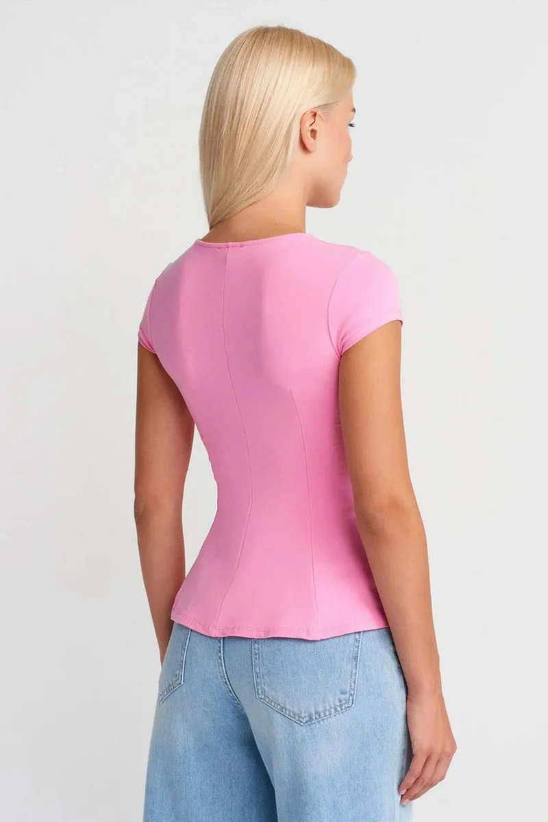 Dilvin Bright Pink DILVIN Fitted Crew Neck Frilly T-shirt for Women | Best Price UAE